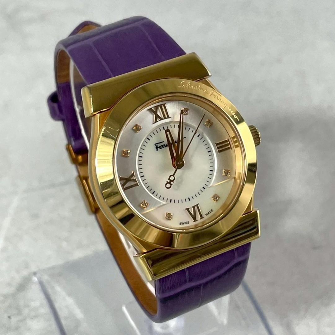 Salvatore Ferragamo F75 Women’s Watch White Shell Purple Dial Stainless Steel U