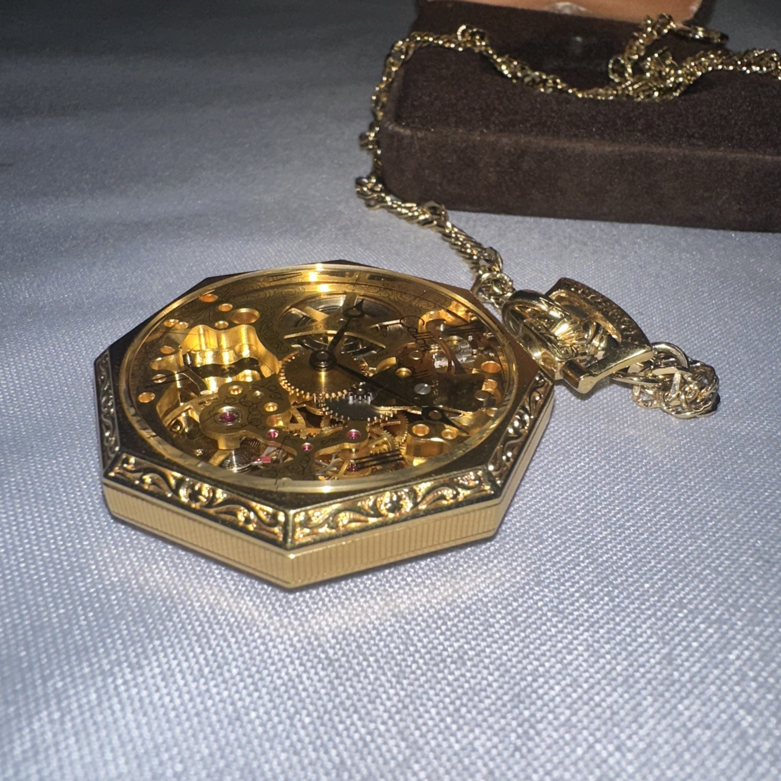 Vintage Colibri 17 Jewels Incabloc Swiss Skeletonized Pocket Watch Chain + Case