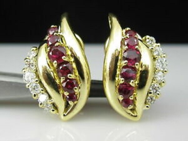 10K Yellow Gold 2Ct Lab-Created Red Ruby Diamond Omega Back Stud Earring