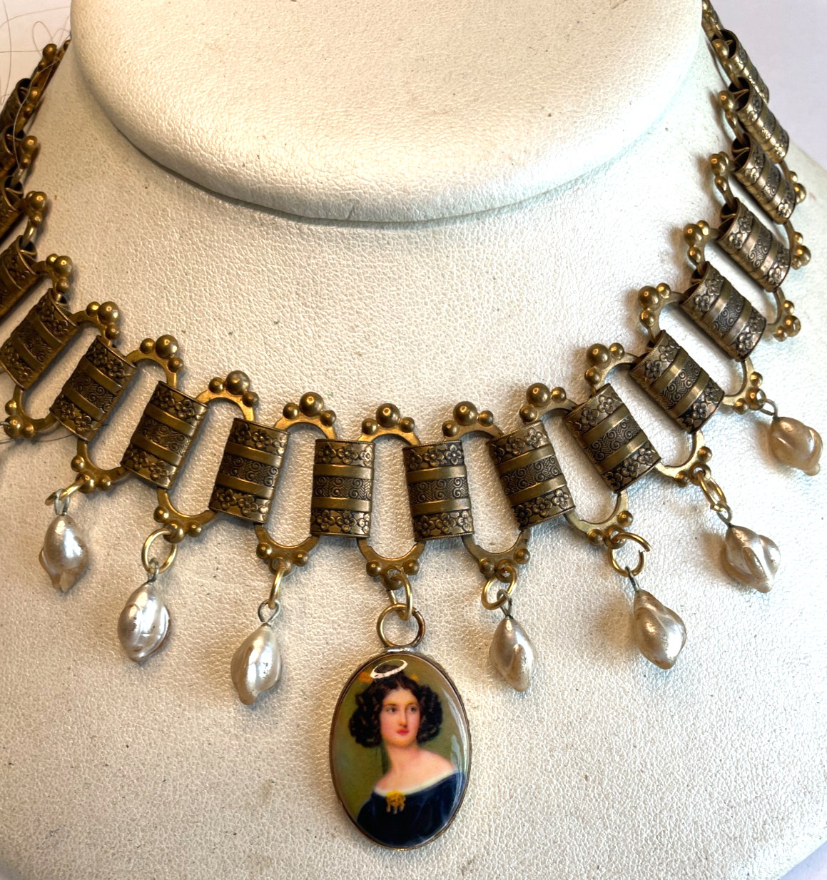 Victorian Revival Brass Book Chain Necklace Lady Portrait Faux Pearl Dangles