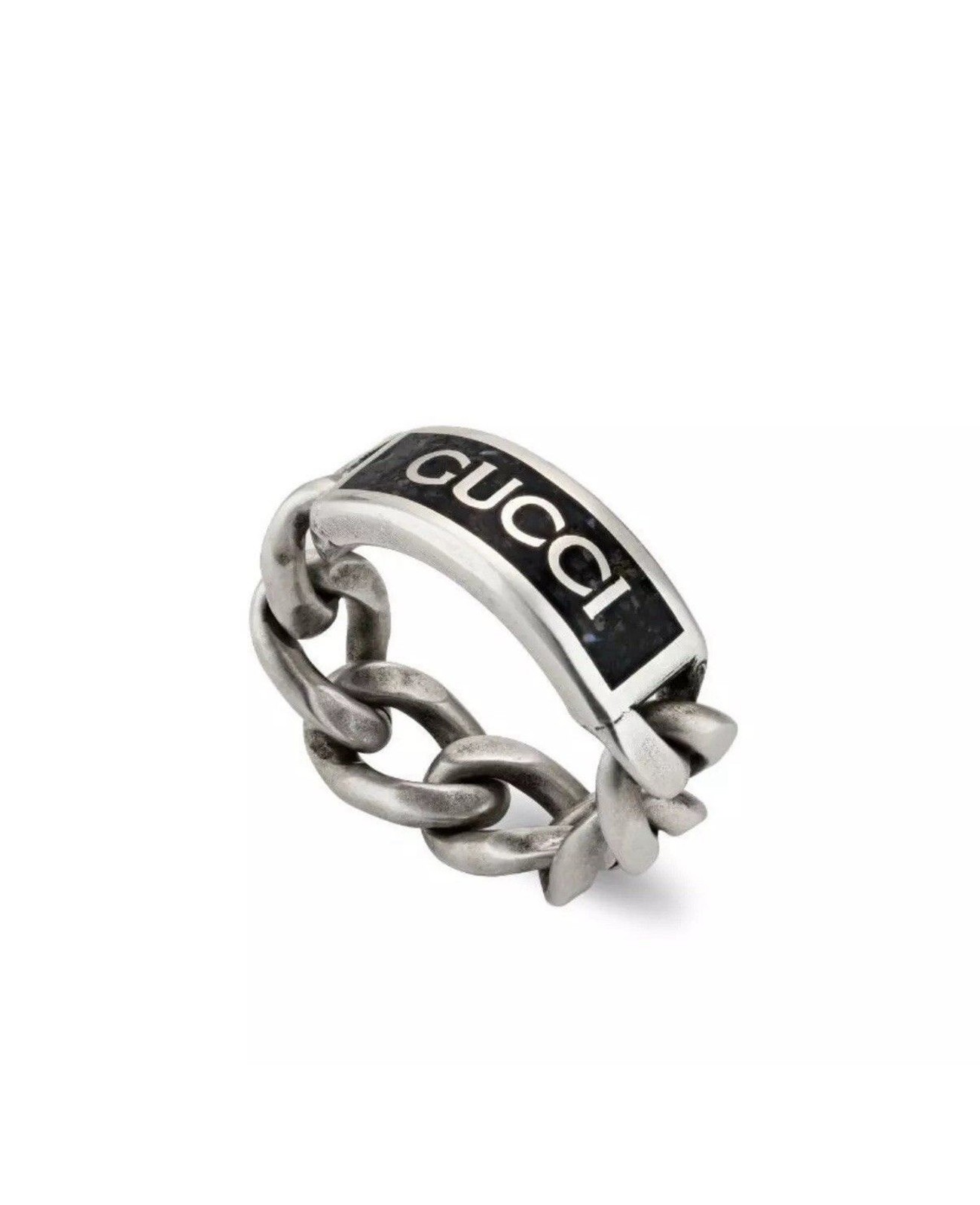 Gucci Logo Sterling Silver & Enamel Plaque Chain Ring Unisex Size IT25 US 11 NEW