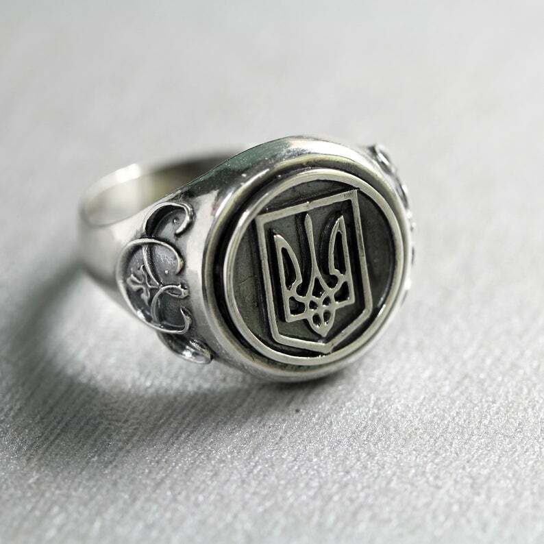 Ukrainian Trident Tryzub Sterling Silver Ring Signet, Size from 6 to 13US
