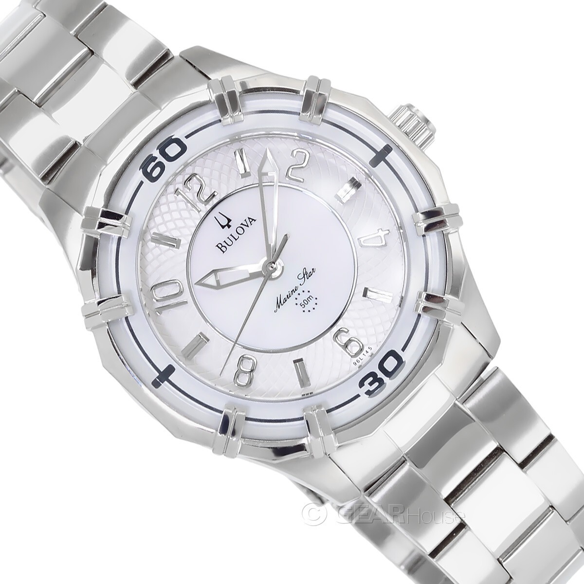 BULOVA Marine Star Womens Watch, White MOP Dial, Silver Stainless Steel Band