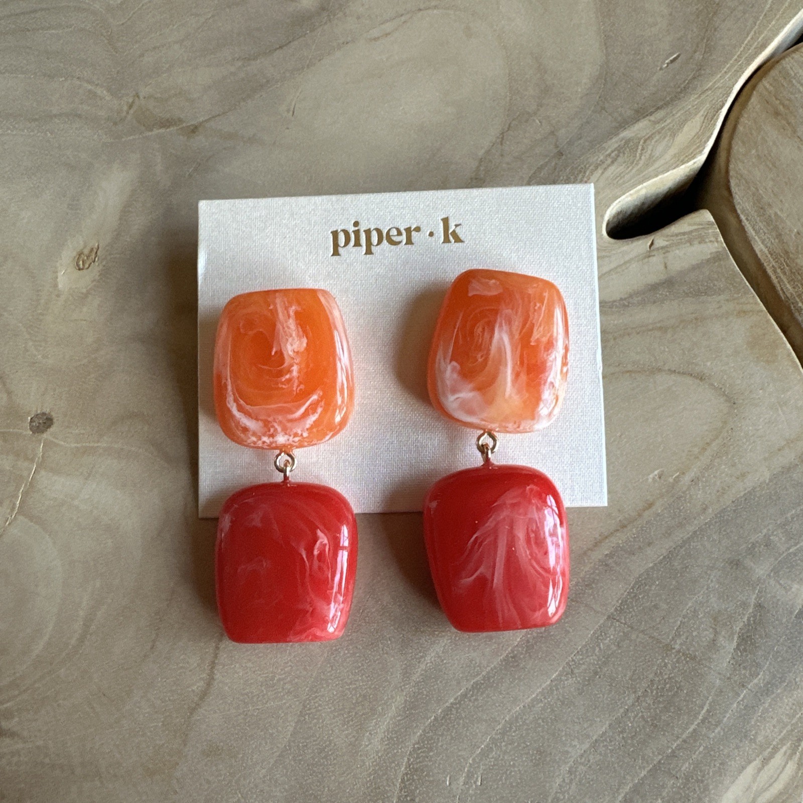 Piper K Red & Orange Resin Stone Like Dangle Earrings 2 1/2 Inches
