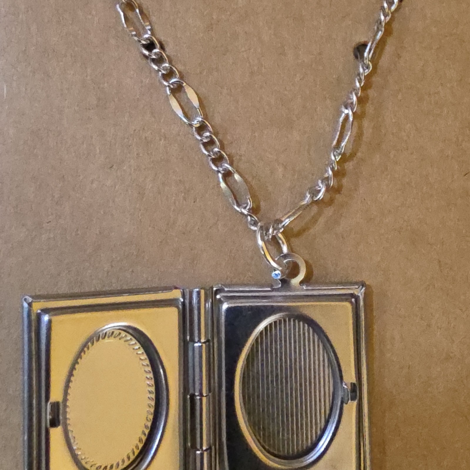 Silver Tone Rectangle Photo Locket Pendant Necklace, Floral Front, Figaro Chain