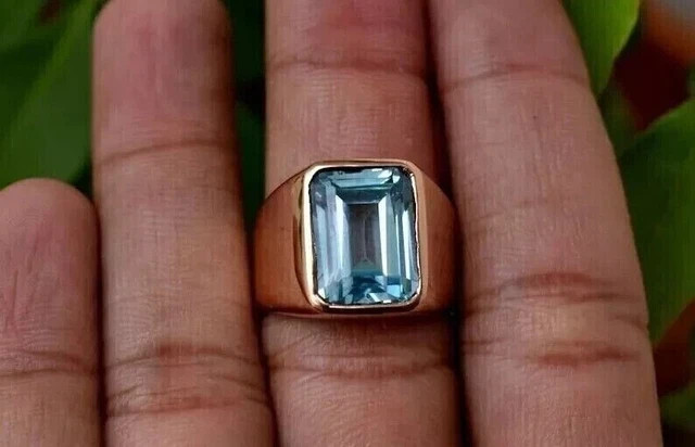 4CT Emerald Cut Aquamarine Men’s Wedding Ring 14K Rose Gold Finish