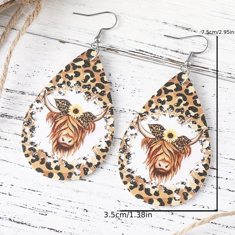 Leopard & Bull Head Shape Pattern PU Leather Drop Hook Earrings Women Girl Gifts