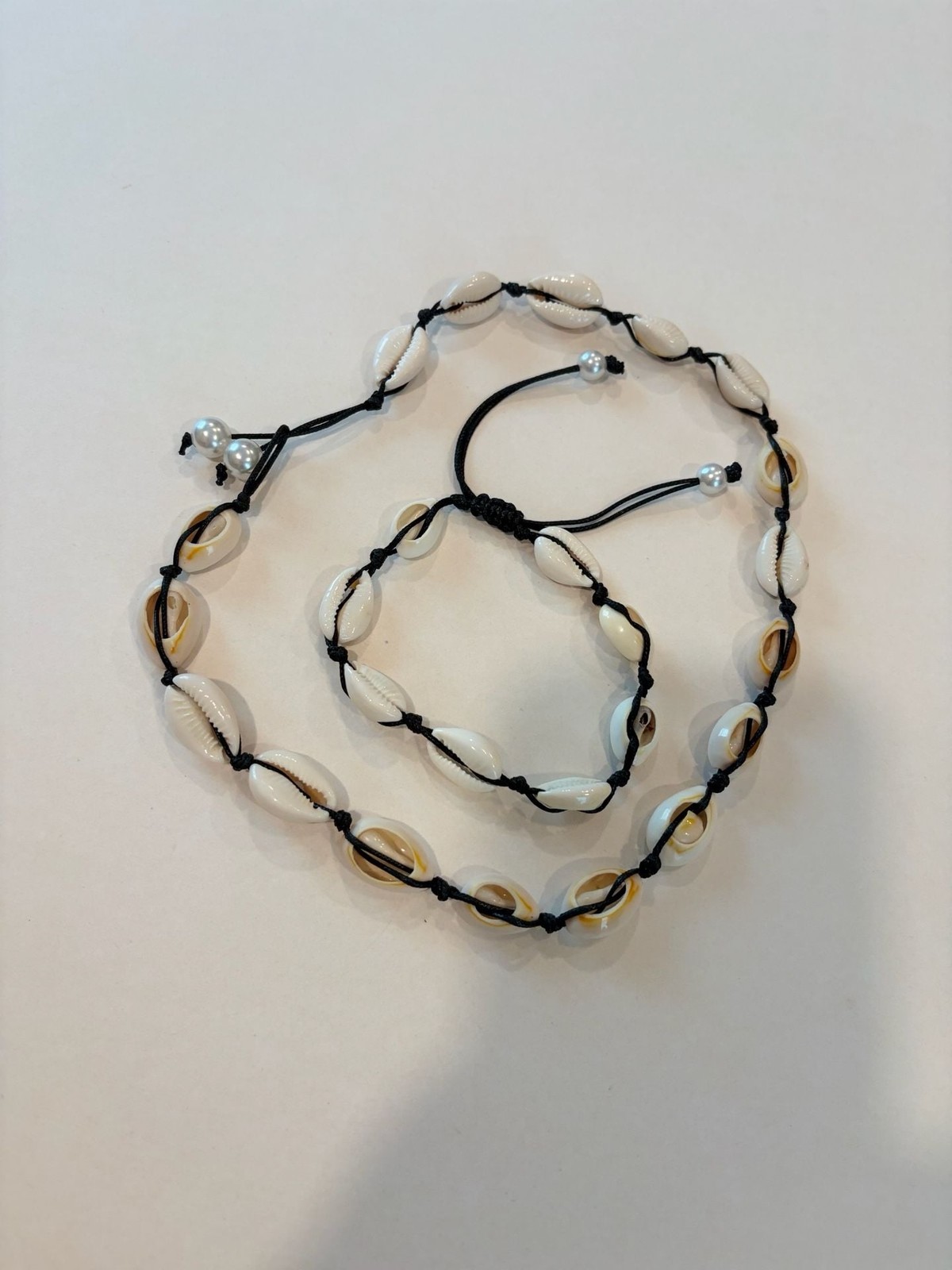 Natural Cowrie Shell Necklace and Anklet Set with Black Cord