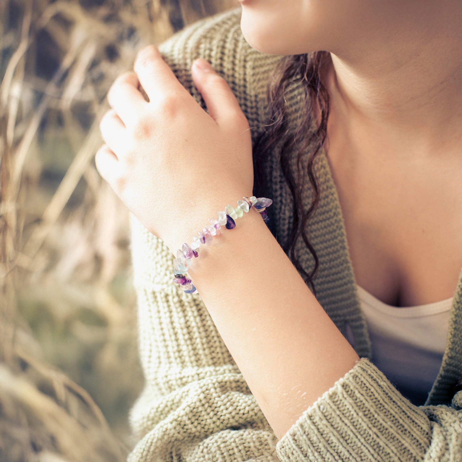 Fluorite Colorful Sliver Bracelet Gemstone Bracelet Stone Bracelet Healing Stone Stretchy