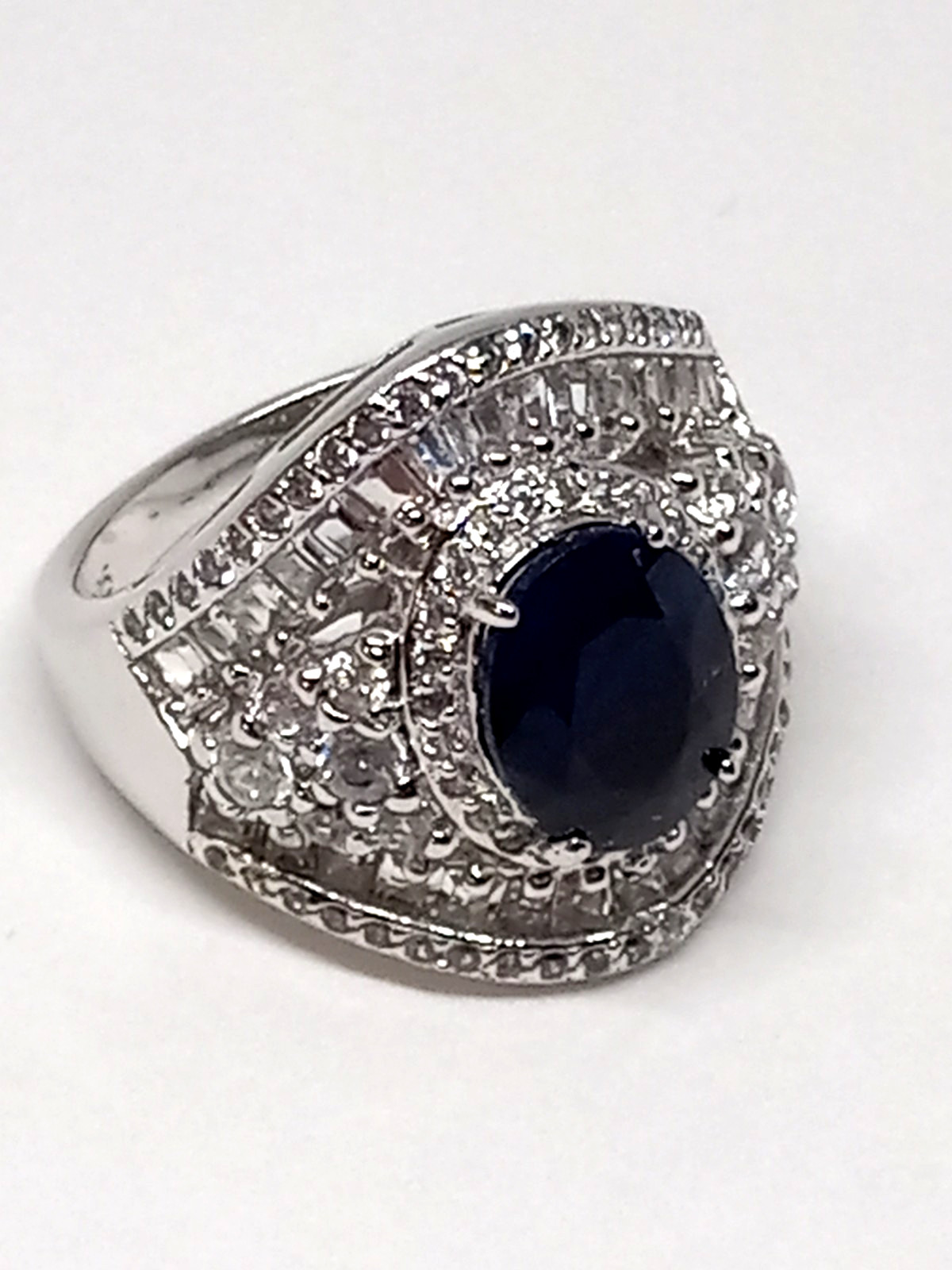 5.85ctw Madagascar Blue Sapphire White Topaz Ring Platinum Over Silver Size 7