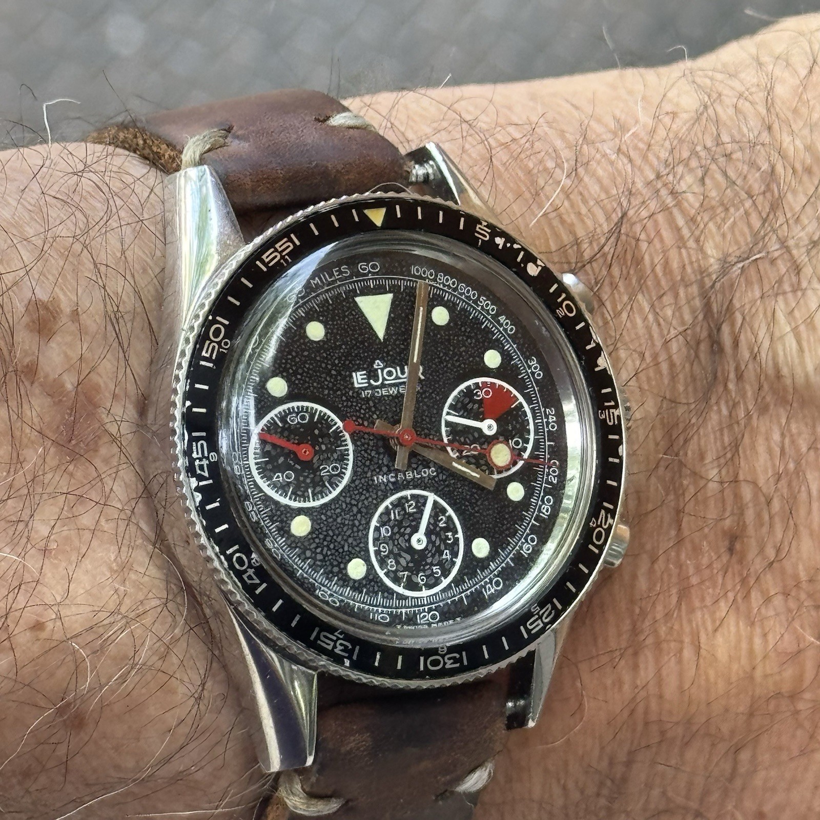 Vintage Chronograph Valjoux 3Reg LeJour 70s Watch 39mm JP Pingouin C O Swiss