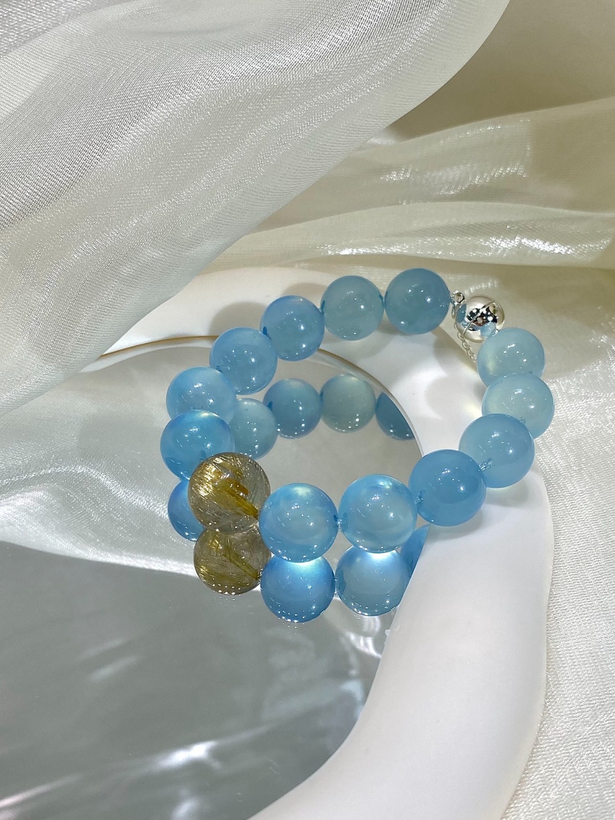 LUSA FEELA Natural Aquamarine Golden Rutilated Crystal Stretch Bracelet Gift