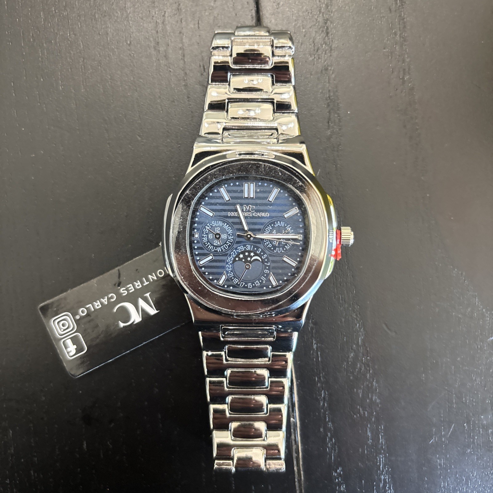 Montres Carlos Men’s Auto Blue Dial Steel Bracelet Day/Date 120m Box