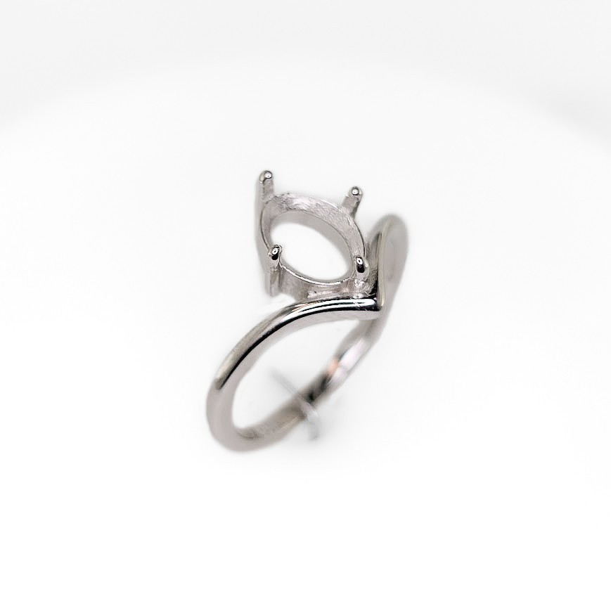 8 x 6 mm Oval Asymmetric V Solitaire Ring Setting Sterling Silver Rhodium Finish