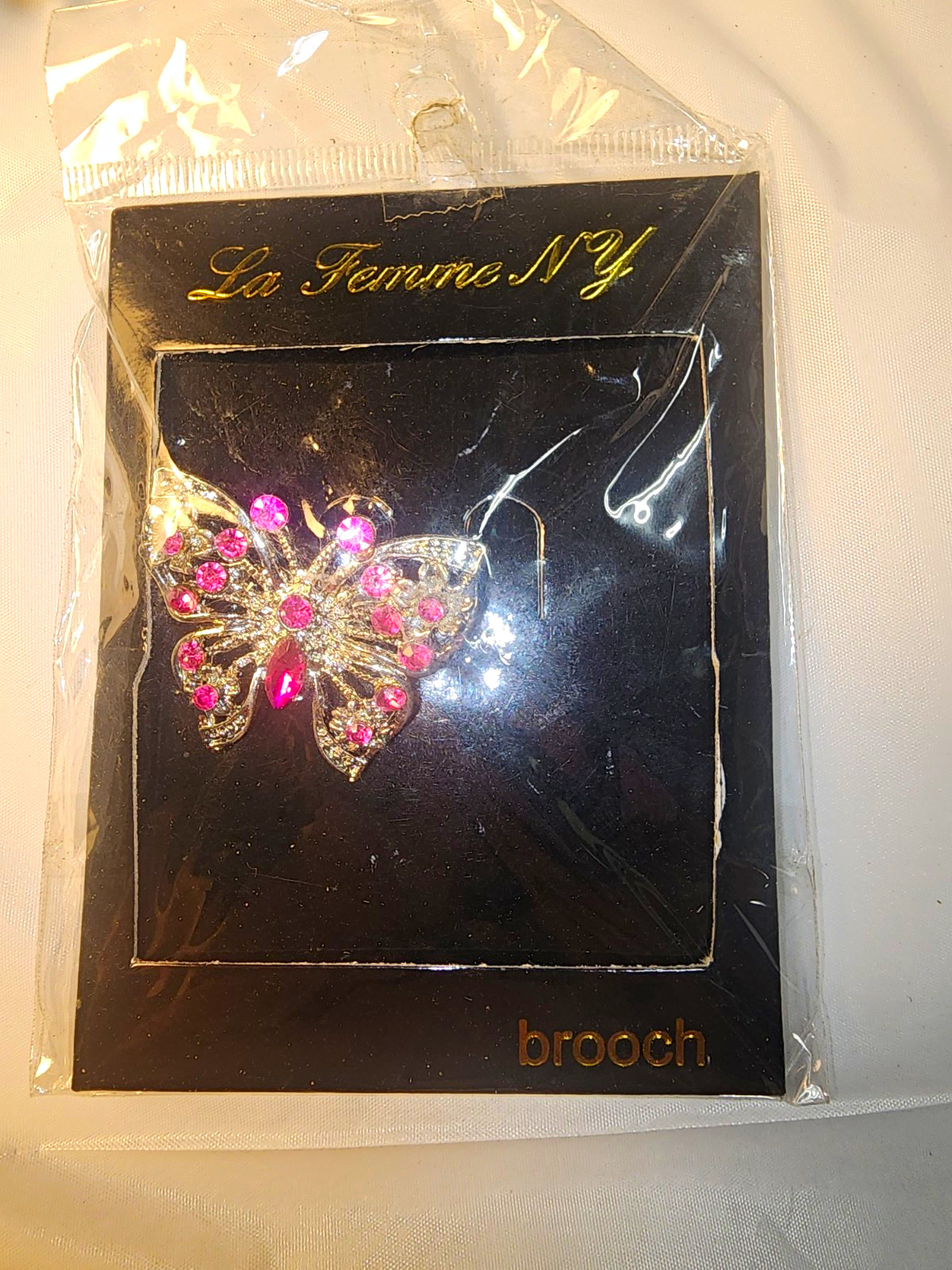 Vintage La Femme NY Pink Clear Rhinestone Butterfly Brooch Pin NWT New in Box/Ca
