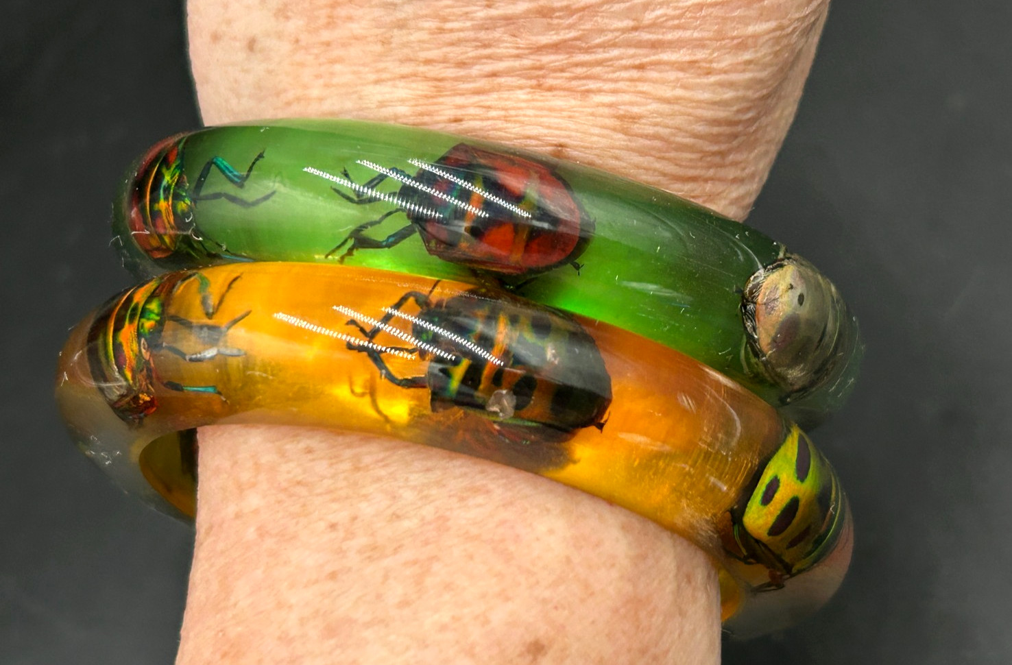 2 Vintage Resin Lucite Jewel Bettle Bangle Bracelets from Philippines Green Yell