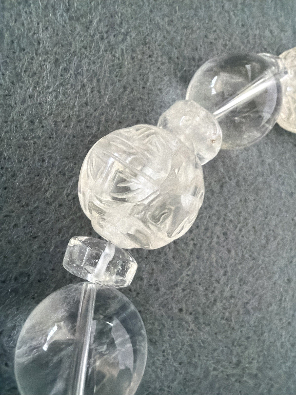 Handcrafted Necklace of Rock Crystal Quartz Beads with Chinese Long Life Symbols