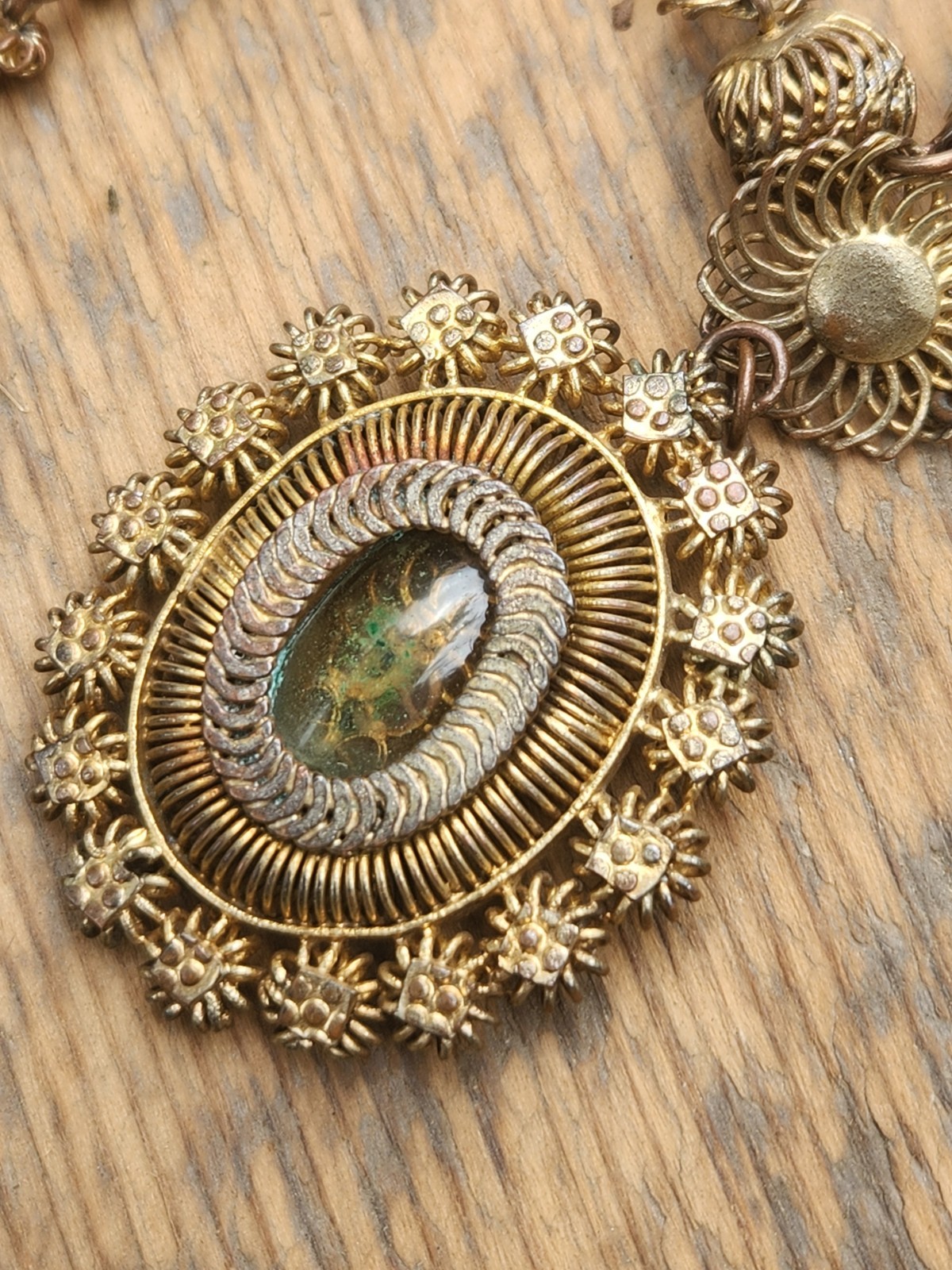 Antique Tambourine Reliquary Necklace Filigree Window Philippines Gold Gilt