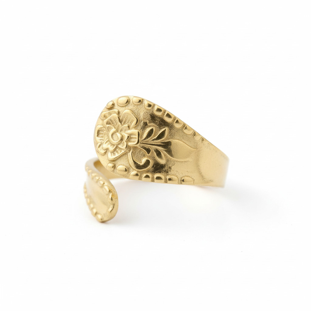 Floral Spoon Ring 14K Gold Plated 925 Sterling Silver Adjustable Sizes 6-9
