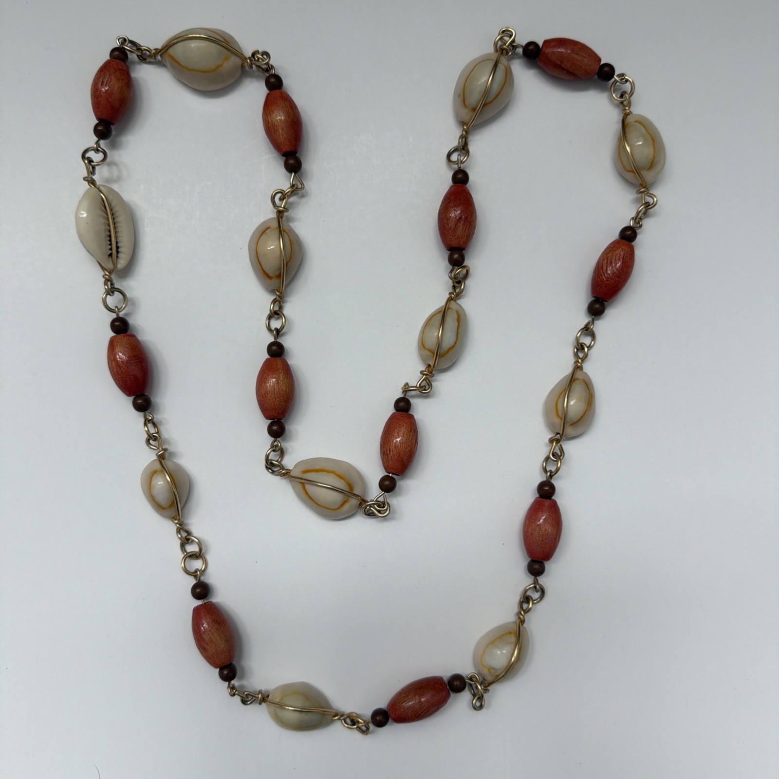 Vintage Cowrie Shell Wood Bead Long Necklace Coastal Beach Boho Resort Jewelry