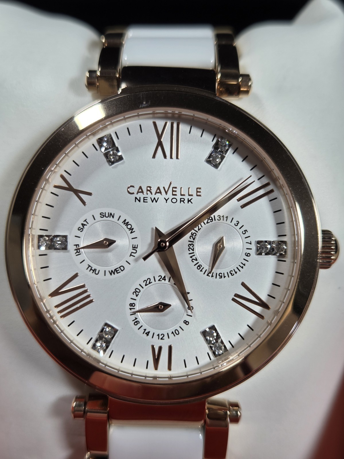 Caravelle New York 44N108 White Dial, Rose Gold Case, White/Rose Gold Band