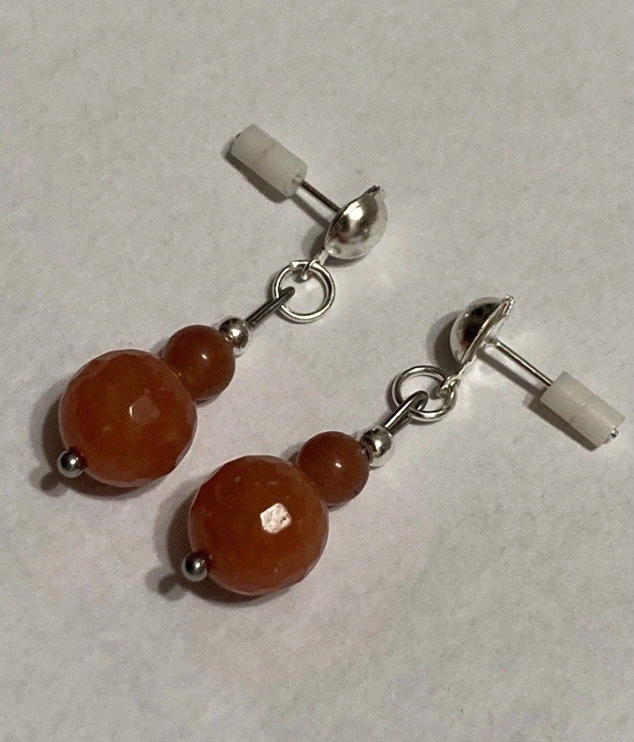 Handmade Orange Brown Aventurine Gemstone Dangle Stud Style Drop Beaded Earrings