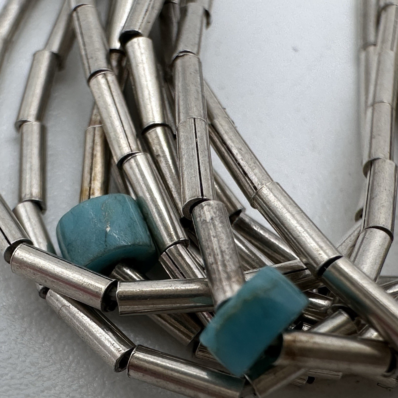 Liquid Sterling Silver & Turquoise Native American Necklace 25”, 10 Strand Vintg
