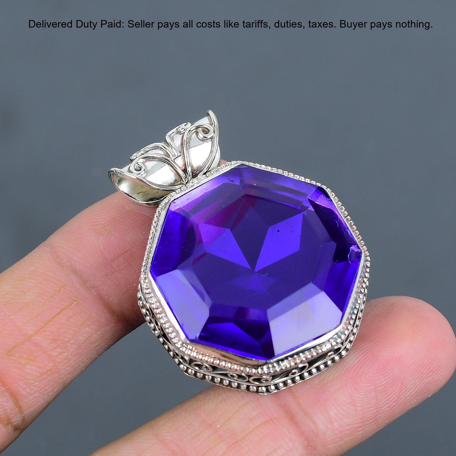 African Amethyst Stone Vintage February Birth Pendant Jewelry Sterling Silver