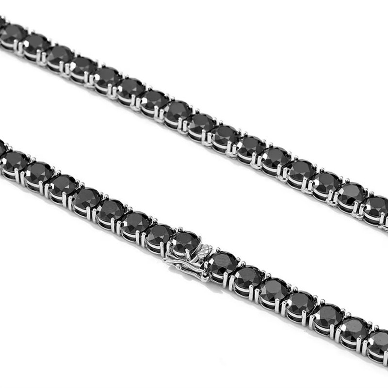 Round Real Black Moissanite Tennis Chain Necklace Hip Hop 925 Sterling Silver