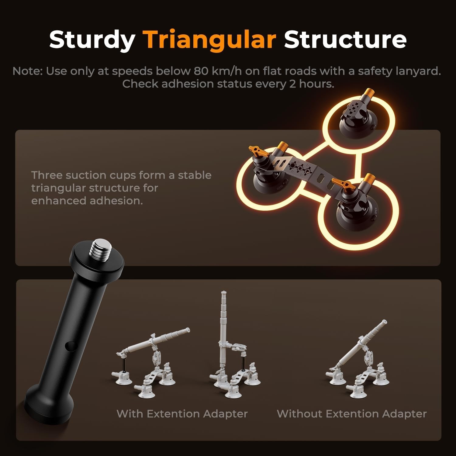 Triple Suction Cup Car Mount for Camera, Heavy Duty 3-in-1 Kit with 15° Curved