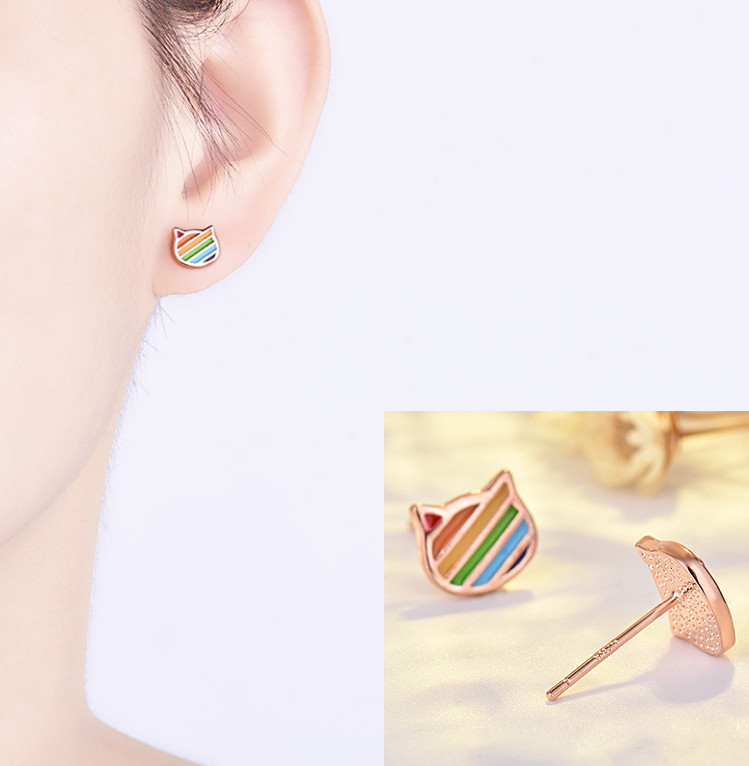 Rhodium Rose Gold Sterling Silver Colorful Cat Face Stud Earrings Gift Box H18