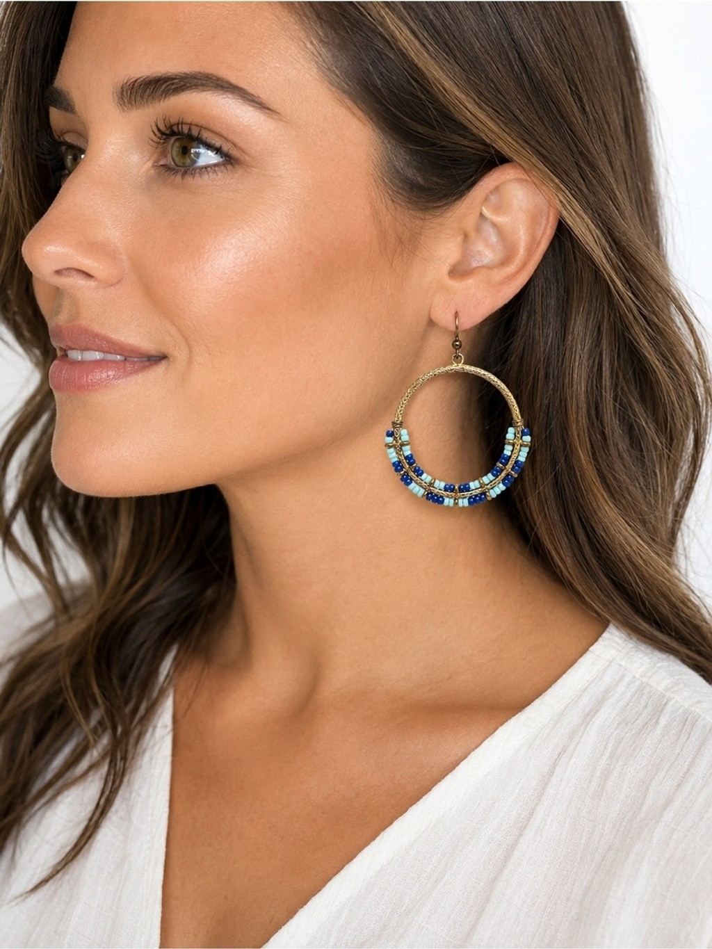 Boho Blue Seed Bead Hoop Earrings Gold Tone Dangle Lightweight Bohemian