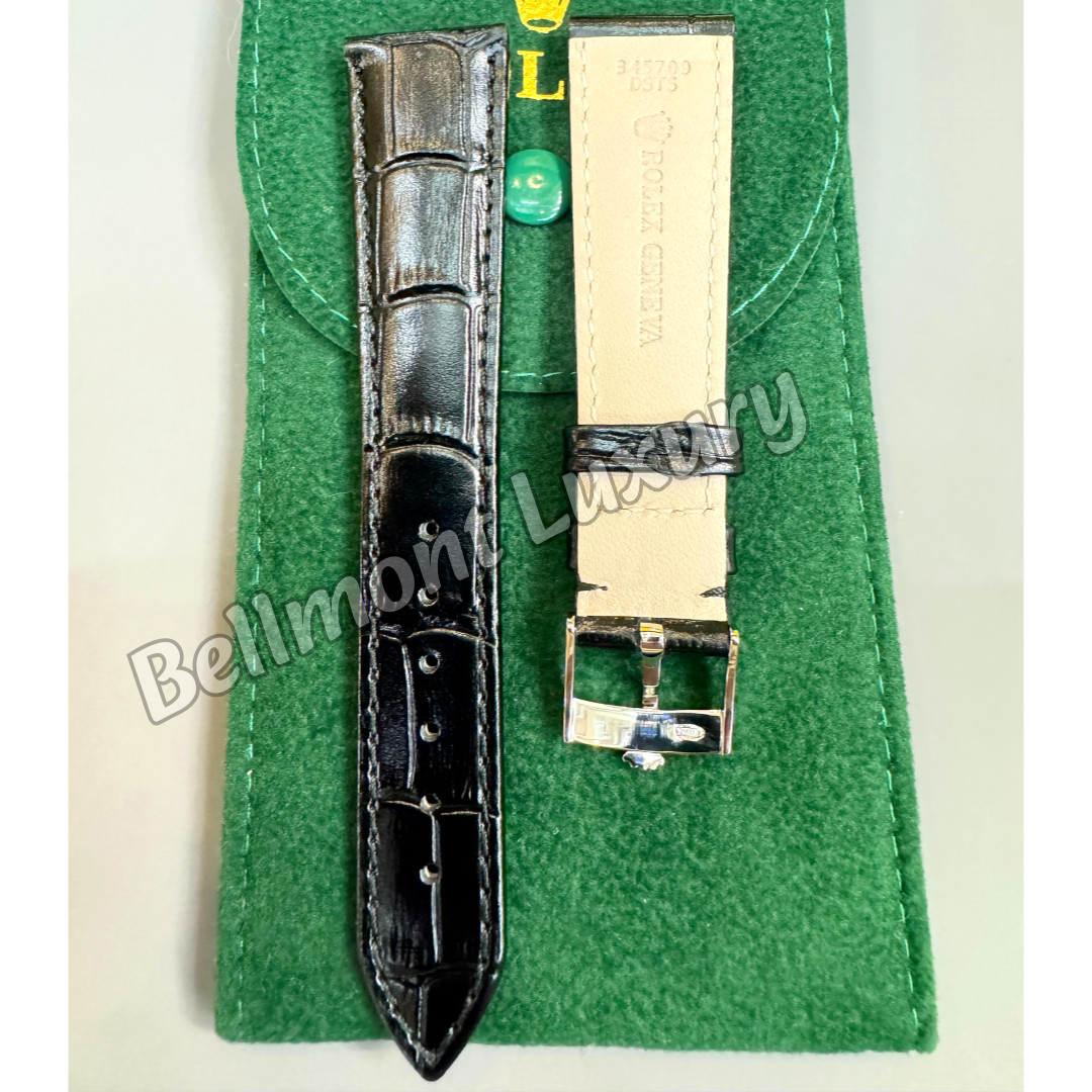 ROLEX Vintage Black Leather Watch Strap 20-16mm Silver Buckle NOS Rare
