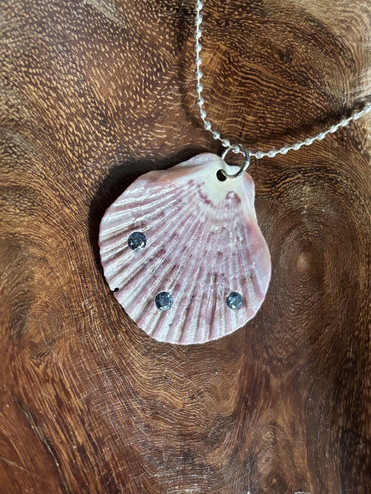 Pink Shell Pendant Necklace Silver-Tone Ball/Bead Chain, 3 Crystals Beach Sea