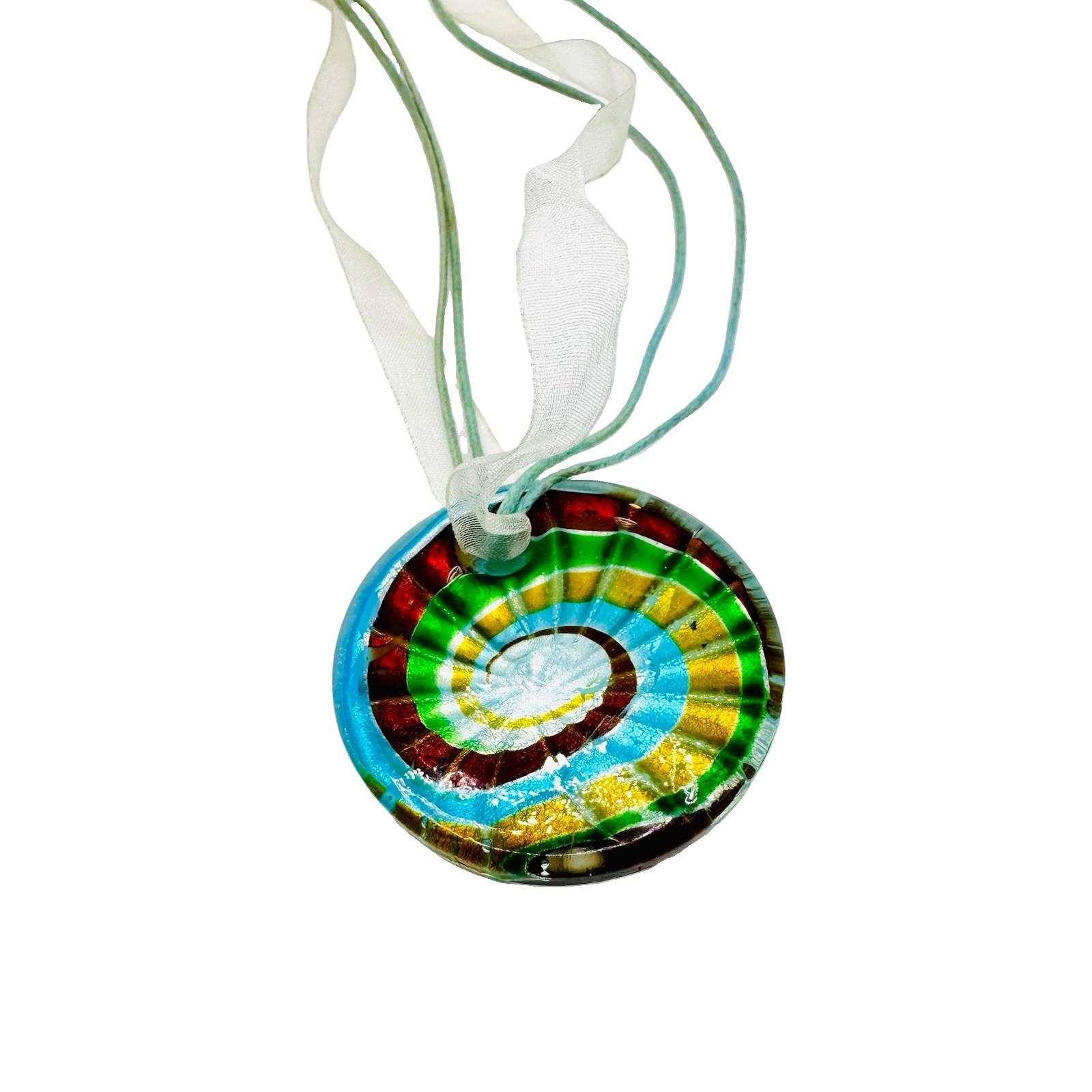 Artisan Glass Pendant Necklace Multicolor Spiral Round Disk Ribbon Cord Boho