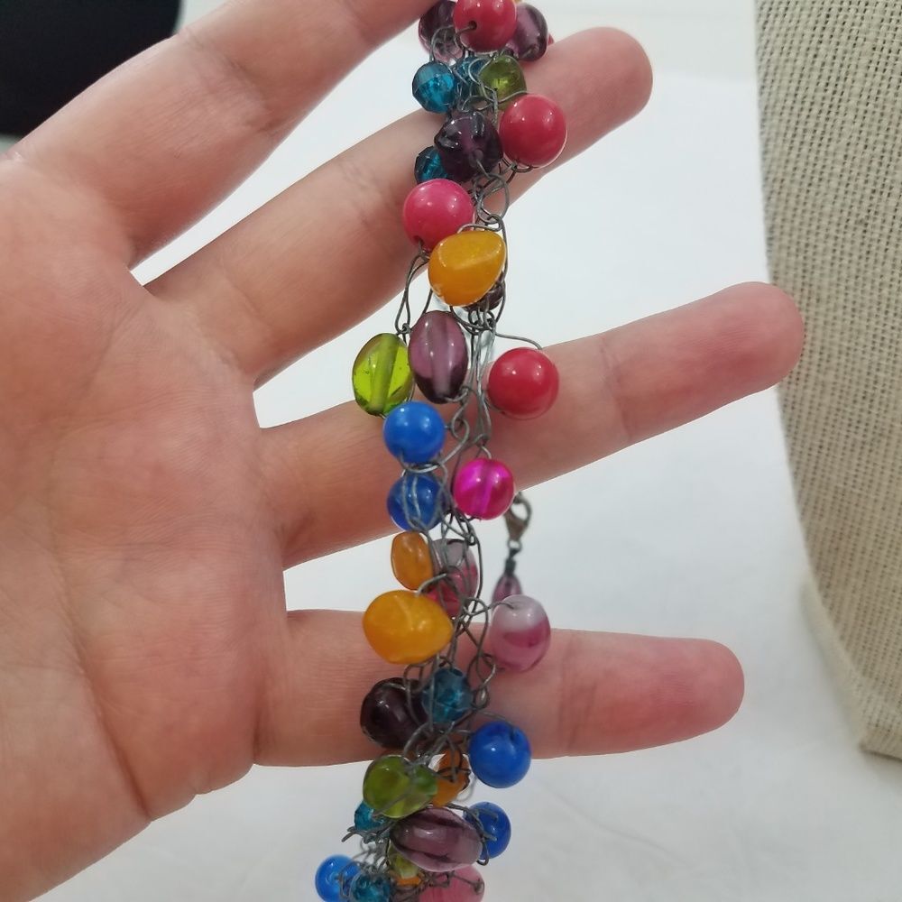 Wire Wrap Beaded Necklace Rainbow Blue 16 inch Pink Purple Green