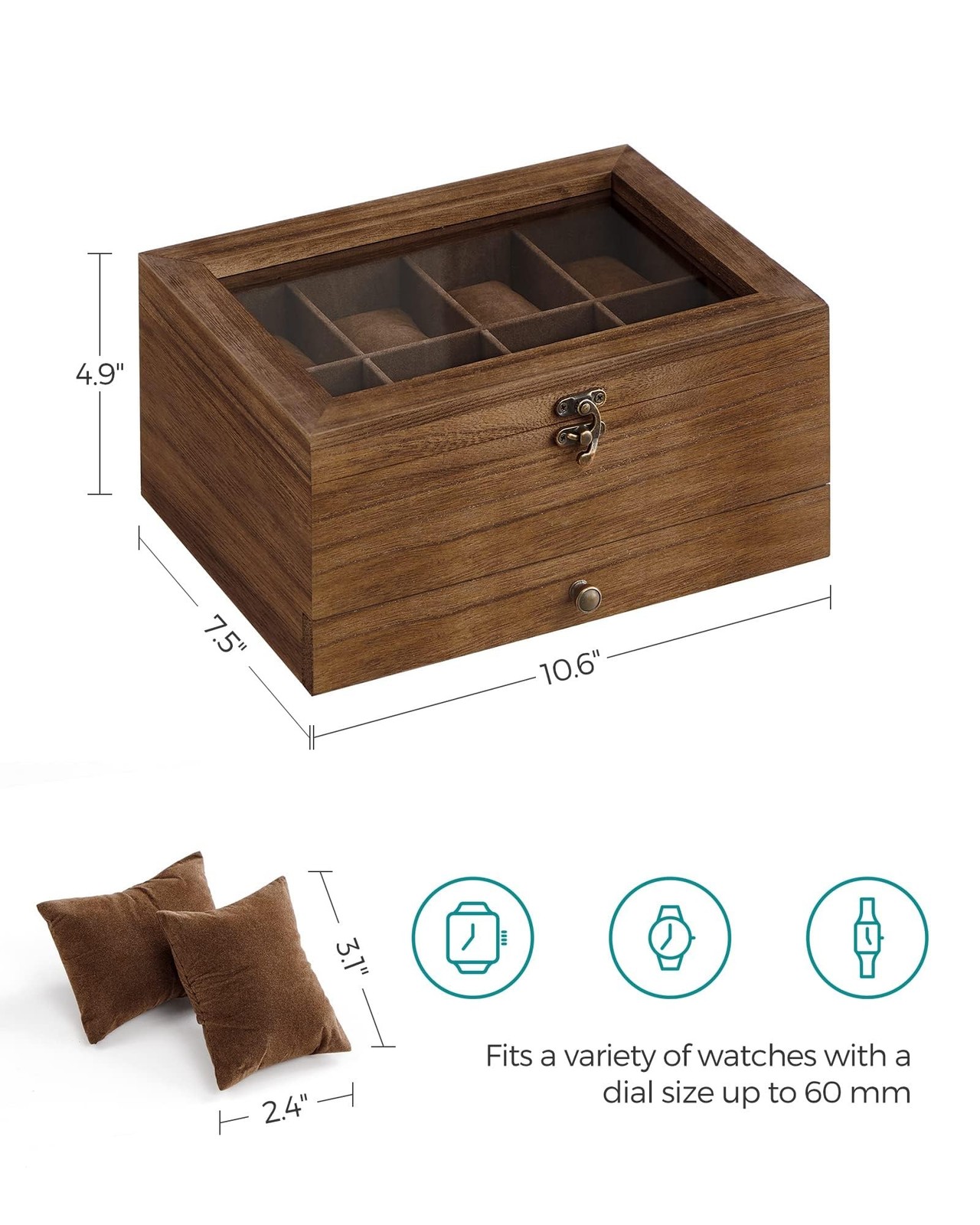SONGMICS 8-Slot Watch Box, 2-Tier Watch Display Case with Large Glass Lid, Re…