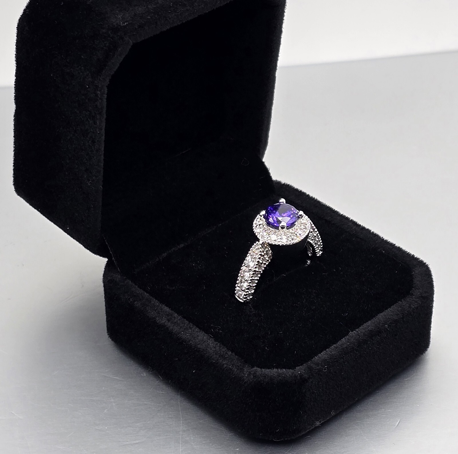 6.5mm Round Cut Amethyst & Pavé Set Sterling Silver Cocktail Ring – Size 7.0