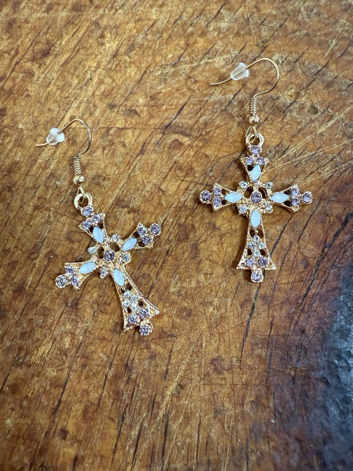 Gold-tone clear rhinestone cross dangle/drop hook earrings, religious theme