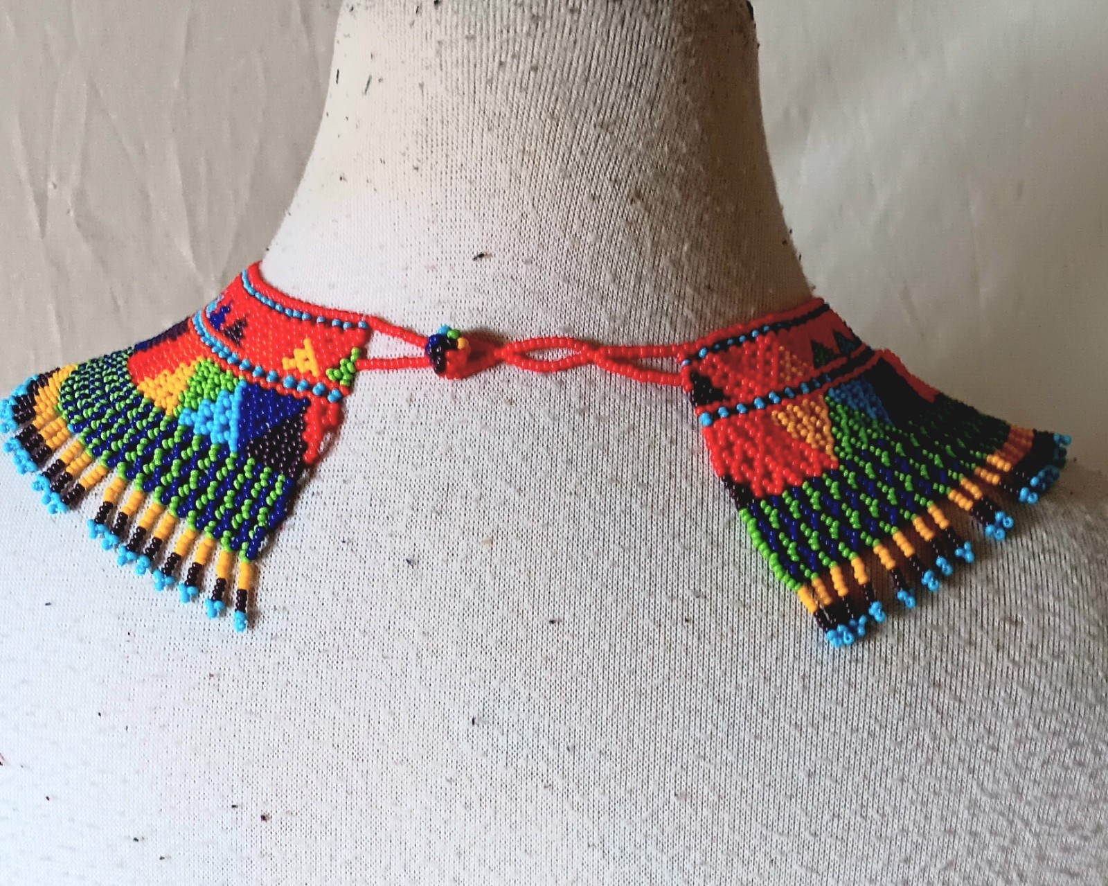 Multi-color Beaded Fringe Necklace Statement Collar Bib Jewelry Artisan Made