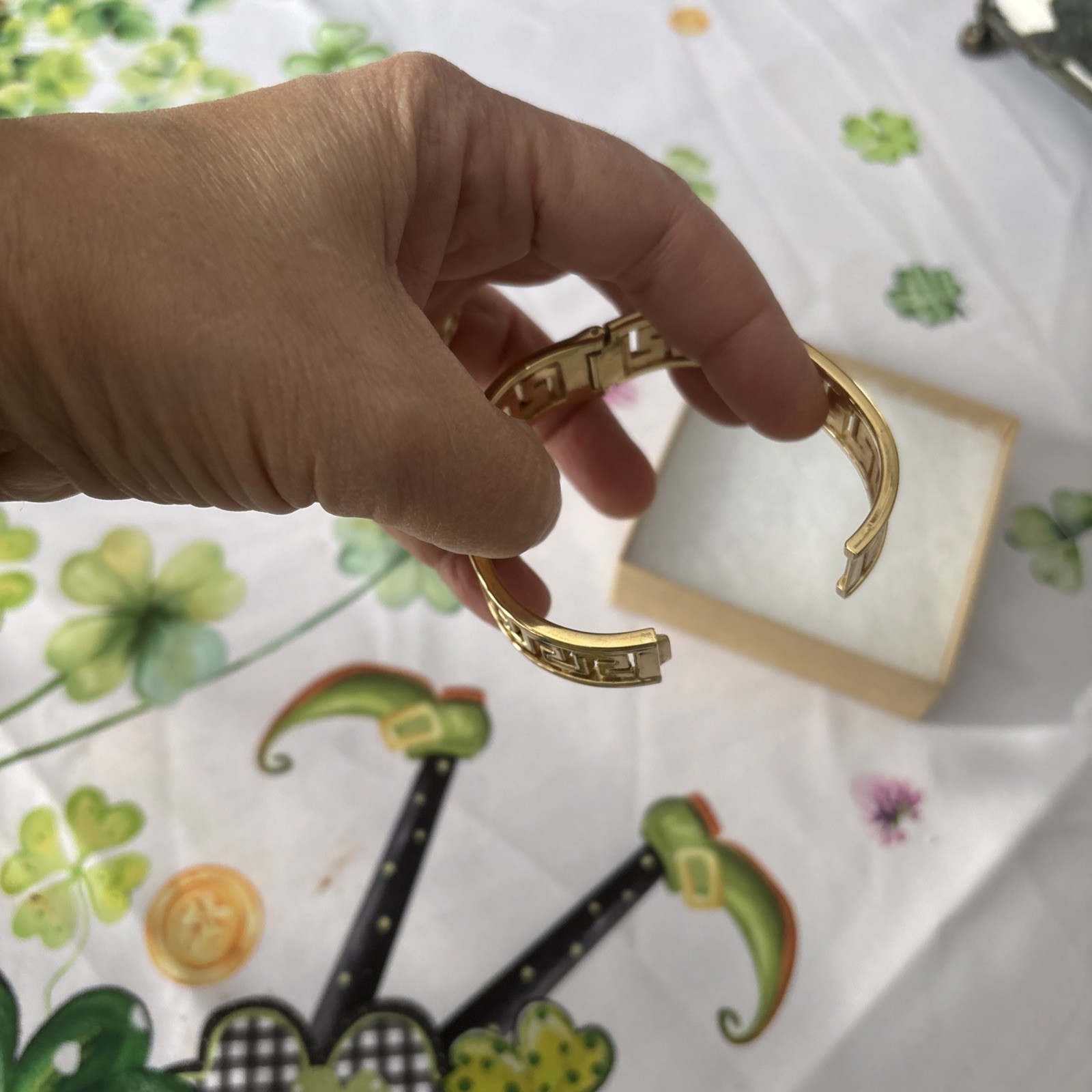 Gold Tone Greek Key Bracelet Hinged Bangle Womens 6.5 Inch Statement