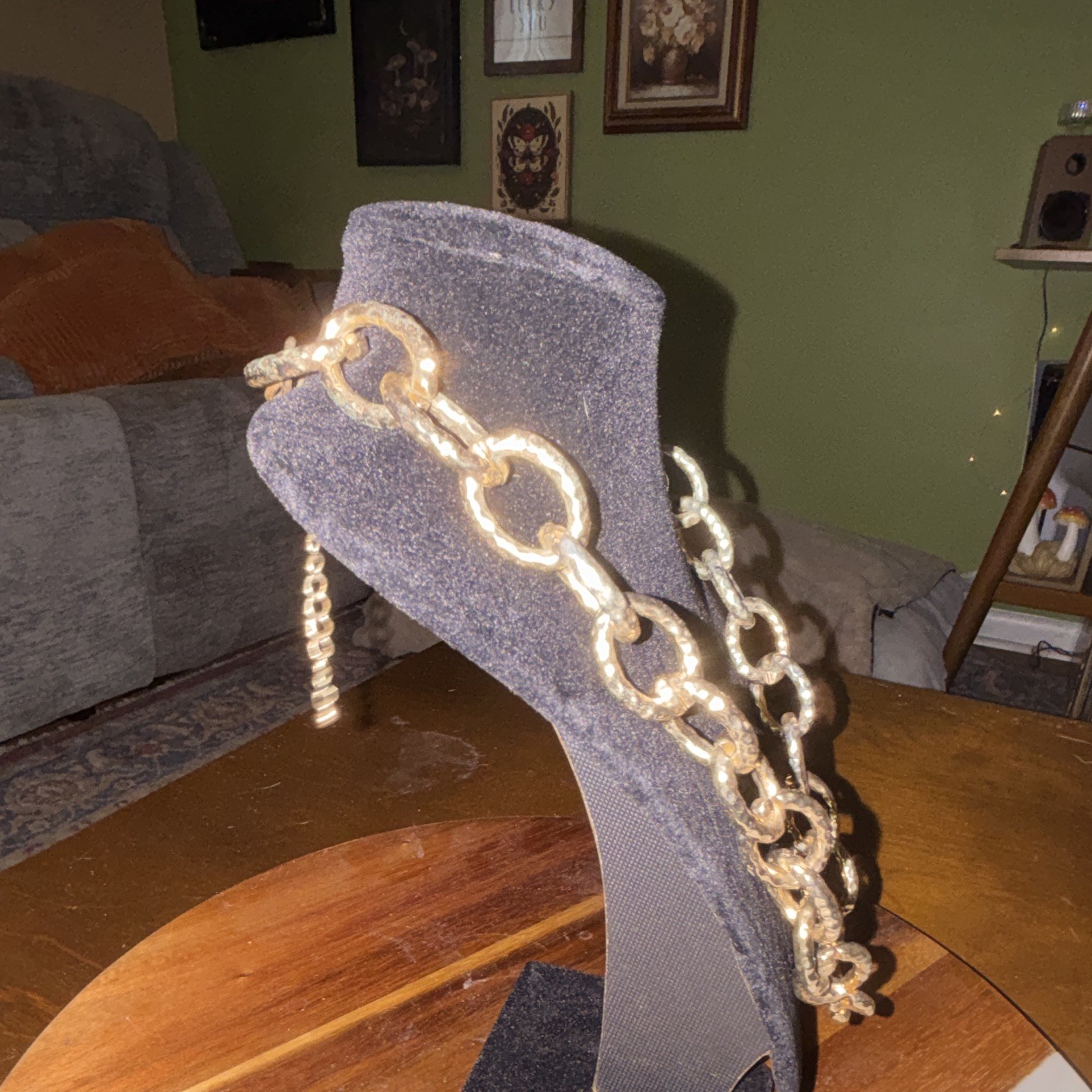 Gold Tone Oval Link Chain Statement Necklace, Metal, Adjustable Extender