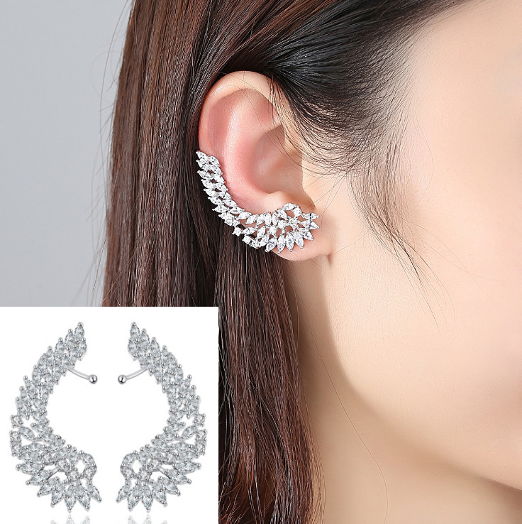 Silver Cubic Zirconia CZ Wing Feather Pin Ear Cuff Crawler Climber Earrings PE37