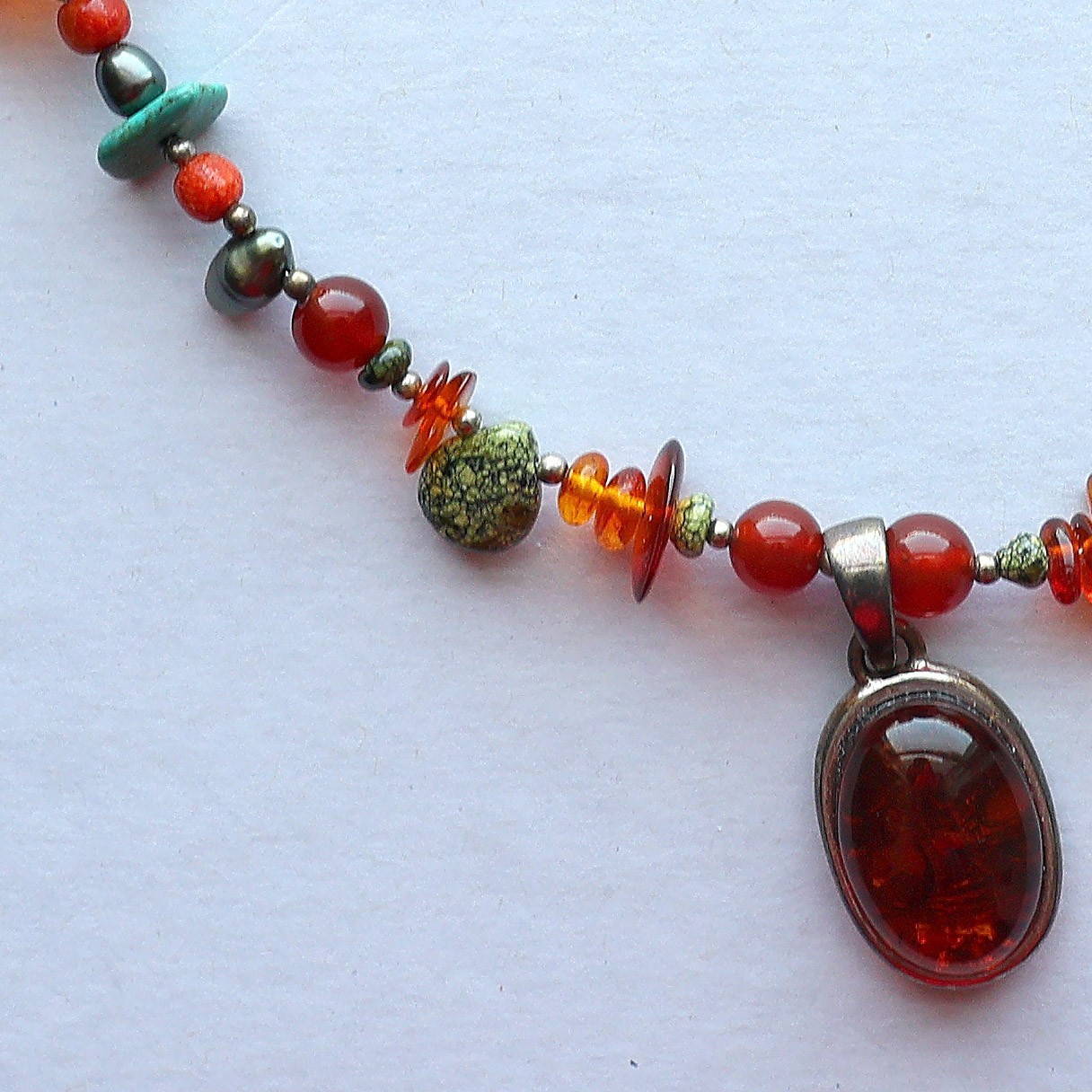 BARSE Necklace Amber Beads Sterling Pendant Turquoise 925 Silver Beaded THAI 20″