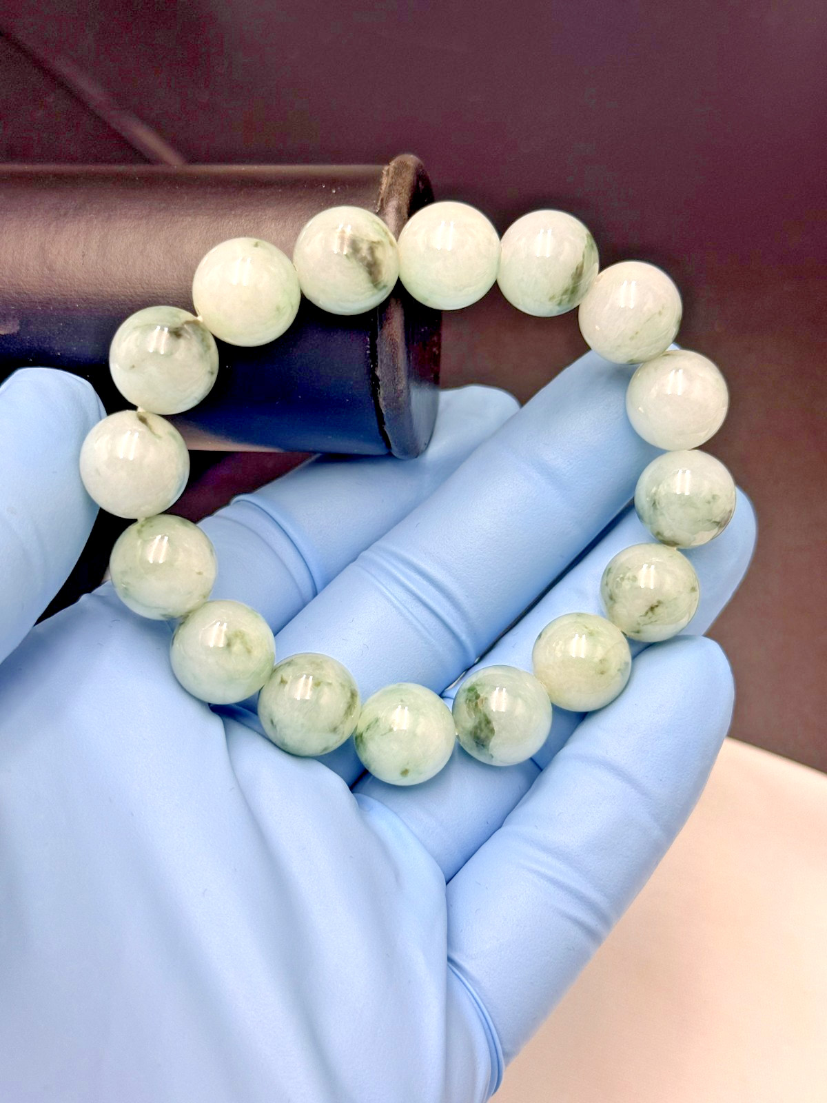 Certified Natural Jadeite Jade Beaded Bracelet Green Float FLWR 13.4 mm #100079