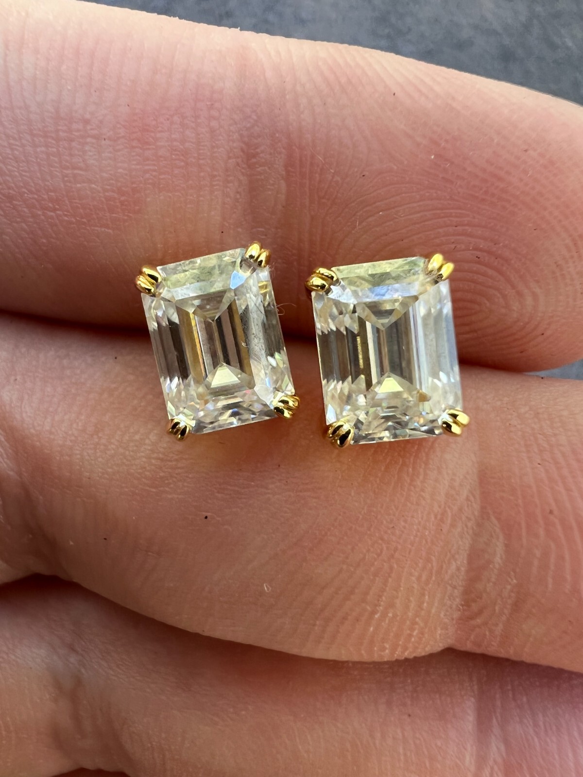 Emerald Cut Real Moissanite Solitaire Stud Earrings 14ct Gold Plated 925 Silver