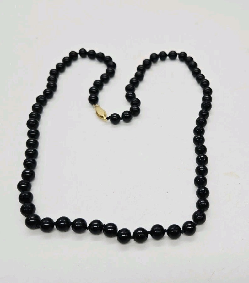 Black Glass Beaded Necklace Hand-Knotted MJ Signed Clasp Gold tone 26 in