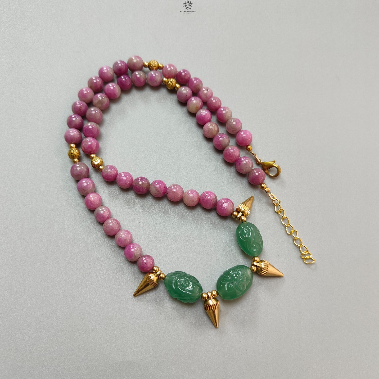 285.90ct Ruby Zoisite, Jade Round Plain Brass Necklace Earring Jewelry Set 18.5″