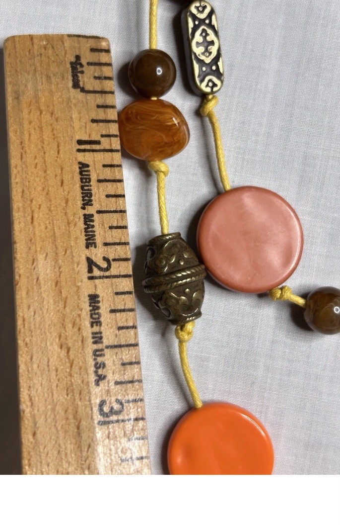 Vintage Acrylic Plastic Metal Beaded Necklace ~ 44” ~ Glowy Amber Orange Discs