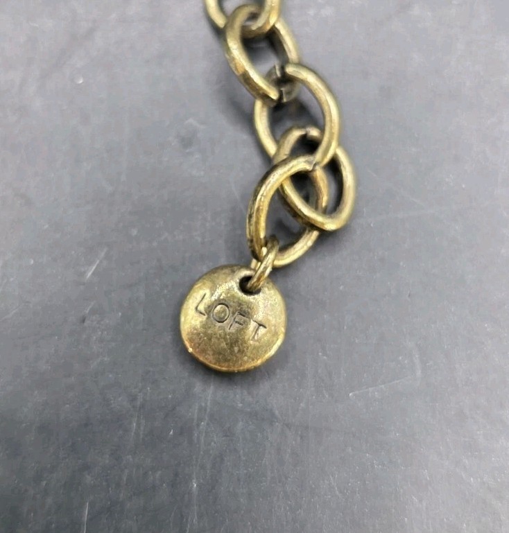 Ann Taylor Loft Rhinestone Necklace Bronze Finish Beige Ribbon 20”